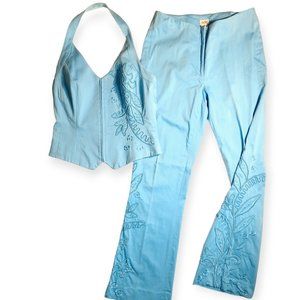 Embroidered Vintage Baby Blue Caché Two Piece Halter and Pants size 4